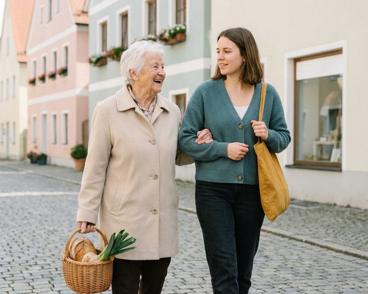 Symbolbild (KI): Eine Frau in petrolfarbener Strickjacke und eine Seniorin mit Einkaufskorb gehen untergehakt und lachend durch eine Altstadtgasse.